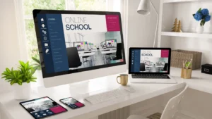 Multiple devices showing the user interface of an online school platform. The online school interface is uniform across the computer, laptop, ipad and cellphone. The environment is in a study room eliciting an environment condusive for an online school study or teach to study in.